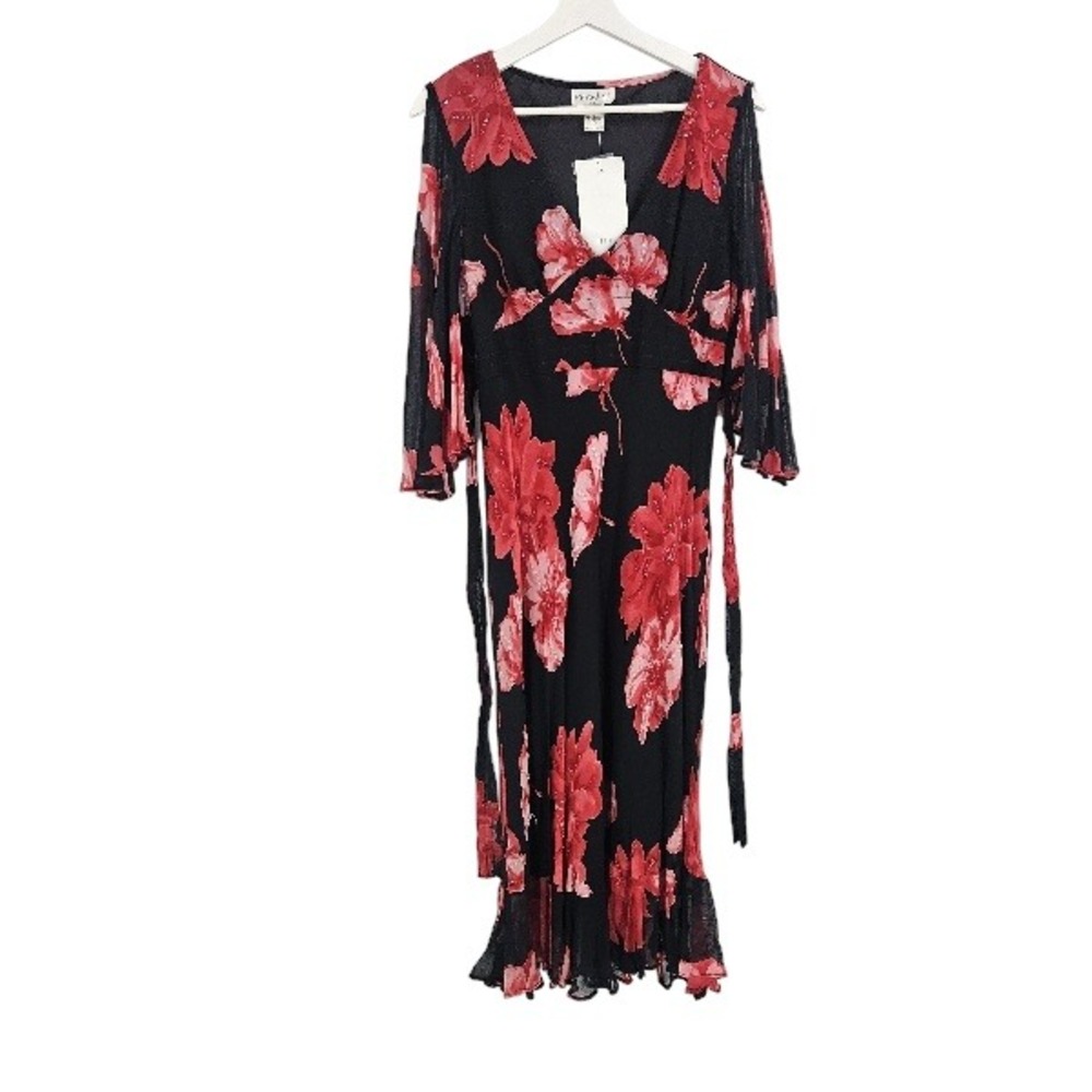 Vintage Y2K Paradise NY Midi Dress Red Black Floral Sequins Deadstock NWT Size M